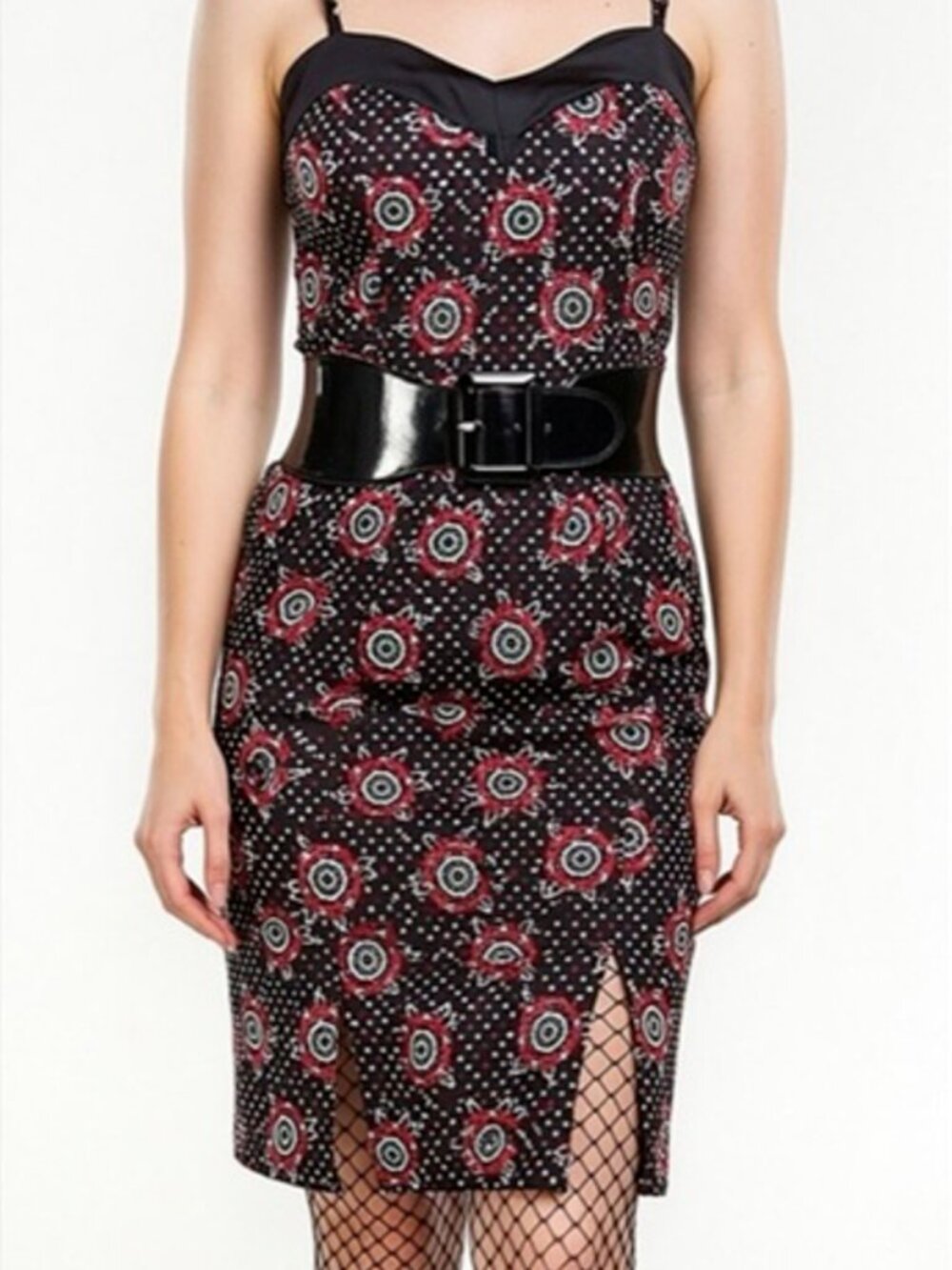 Tattooed Roses Slit Dress Punk Rock Rockabilly Retro Comfy Cotton Pencil Belt